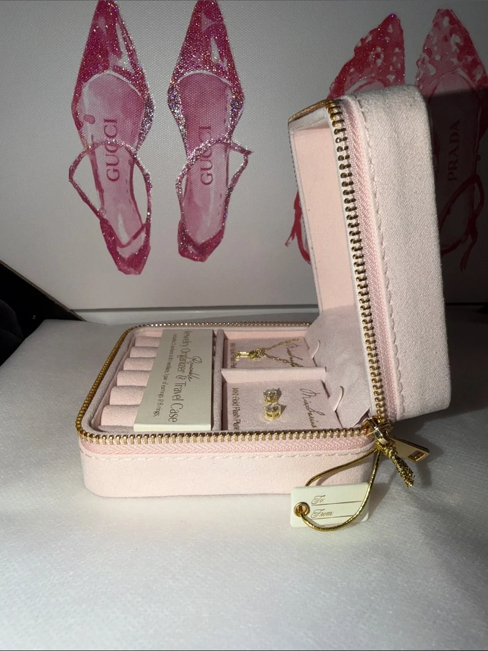 Compact Pink Velvet Jewelry Organizer & Travel Case
